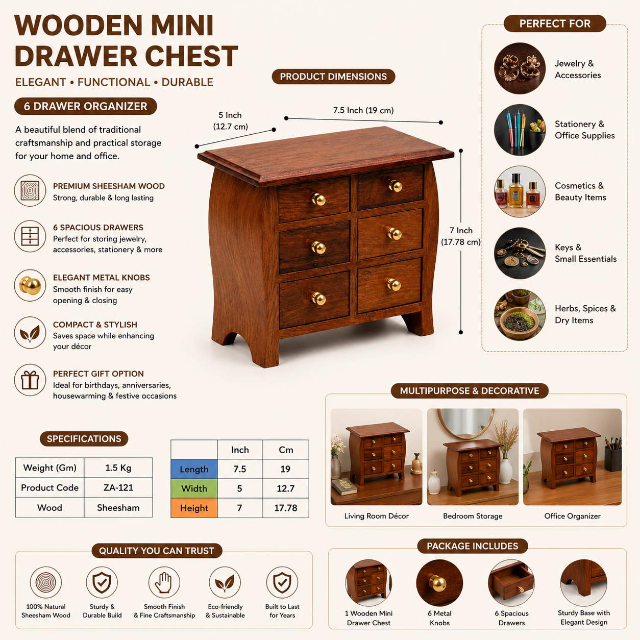 Premium Handcrafted Wooden Miniature Drawer Chest – 6-Slot Desktop Organizer & Jewelry Box – Vintage Style Wooden Cabinet for Stationery, Medicines, Sewing Kit & Small Trinkets