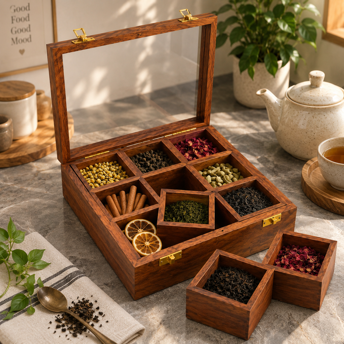 Sheesham Wood 9-Compartment Storage Box with Glass Lid | Wooden Organizer for Dry Fruits, Spices & Jewelry