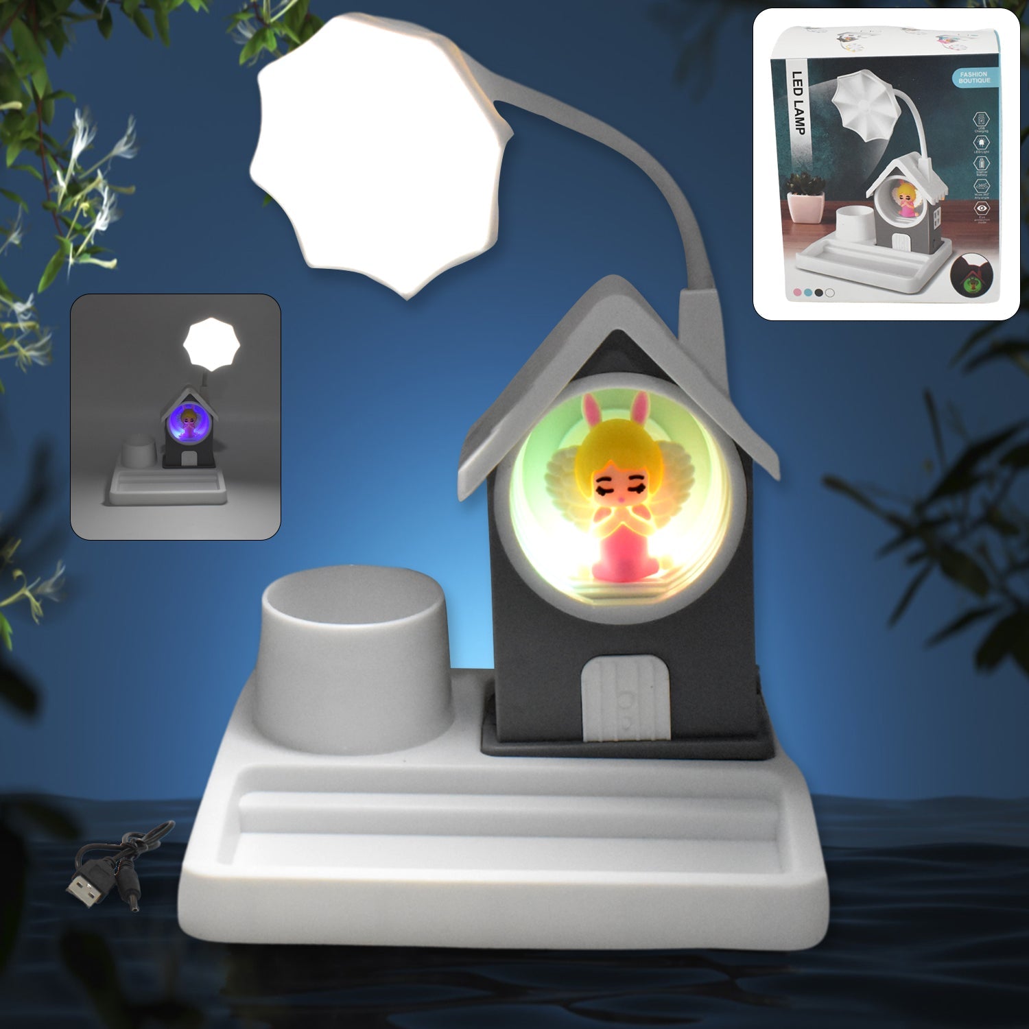 Smiling Sun Cartoon LED Desk Lamp with plastic base, providing soft eye-protection light.