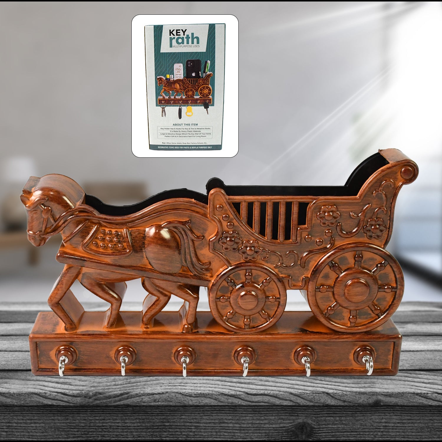 Decorative Rath wall key holder with 6 hooks, ideal for an Indian home entryway.