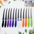 12-piece stainless steel serrated knife set with colorful ergonomic handles for kitchen tasks.