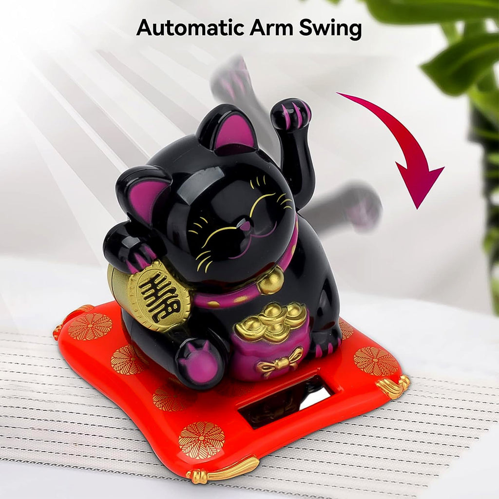 Waving Lucky Cat Statue, solar-powered, bringing good fortune to your space.