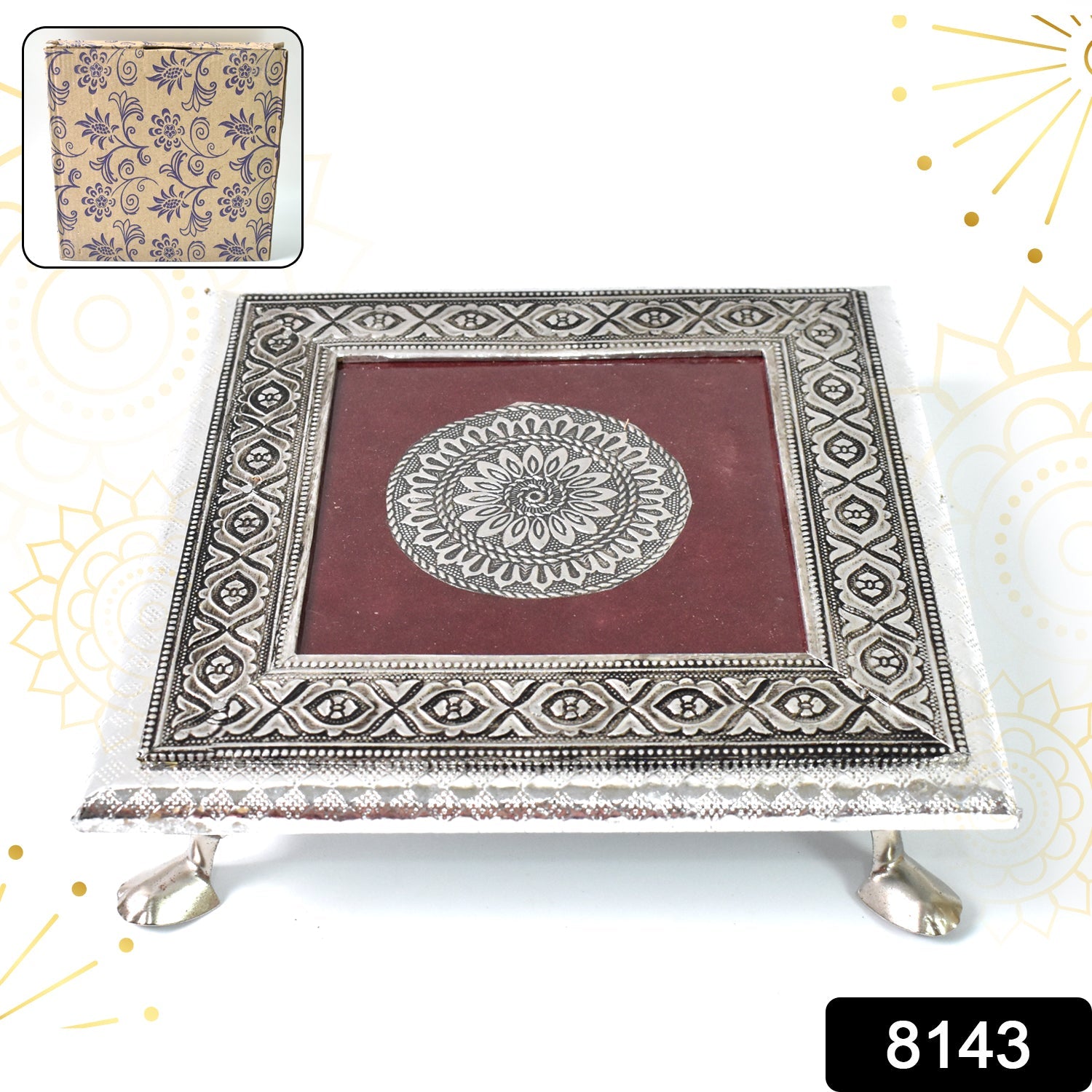 Elegant silver square pooja bajot featuring a detailed mandala engraving for sacred rituals.