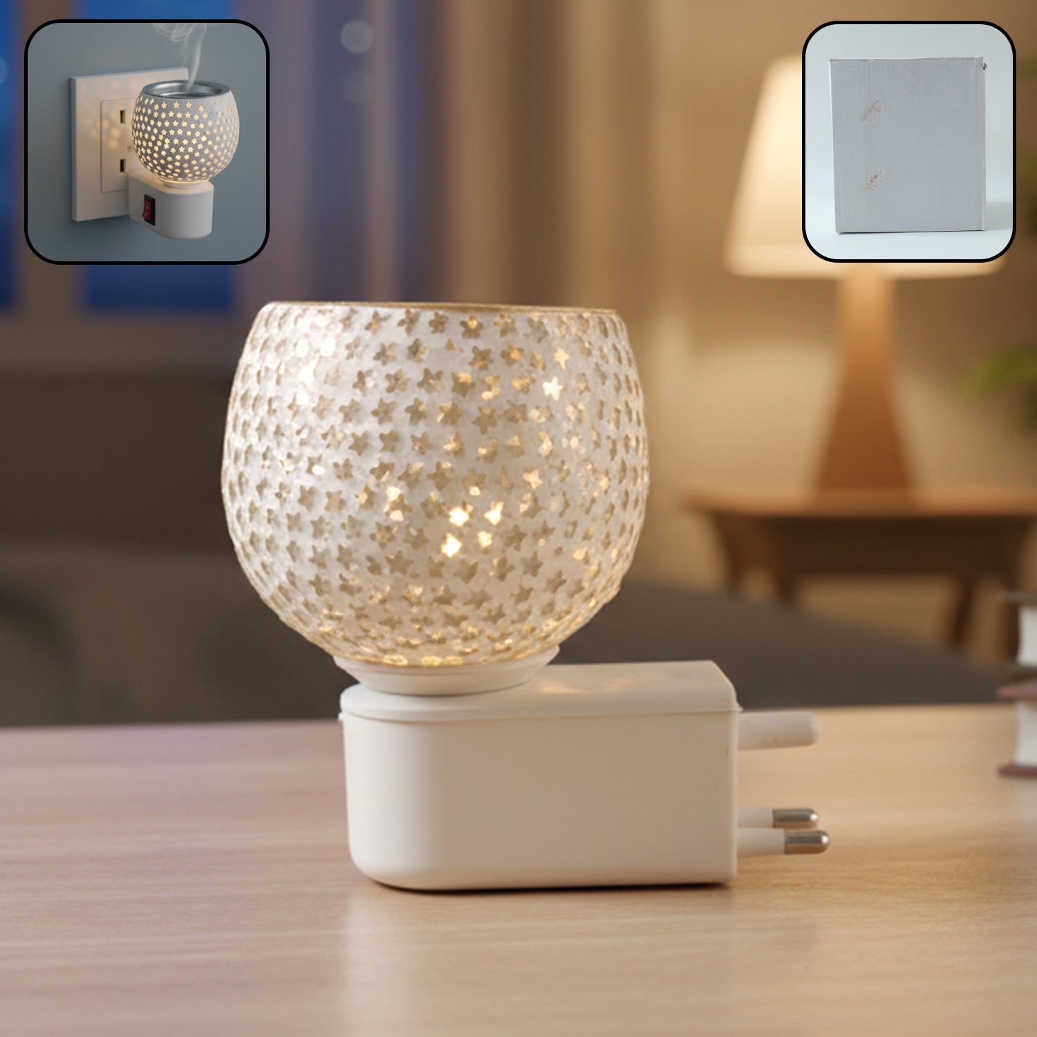 Star cut glass aroma diffuser night lamp emitting warm glow