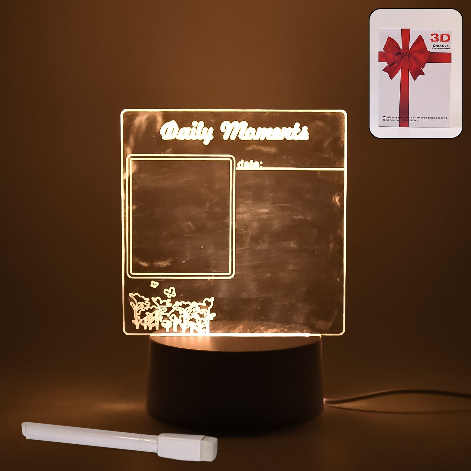 Acrylic decorative lamp featuring a heart shape, glowing softly in a bedroom setting.