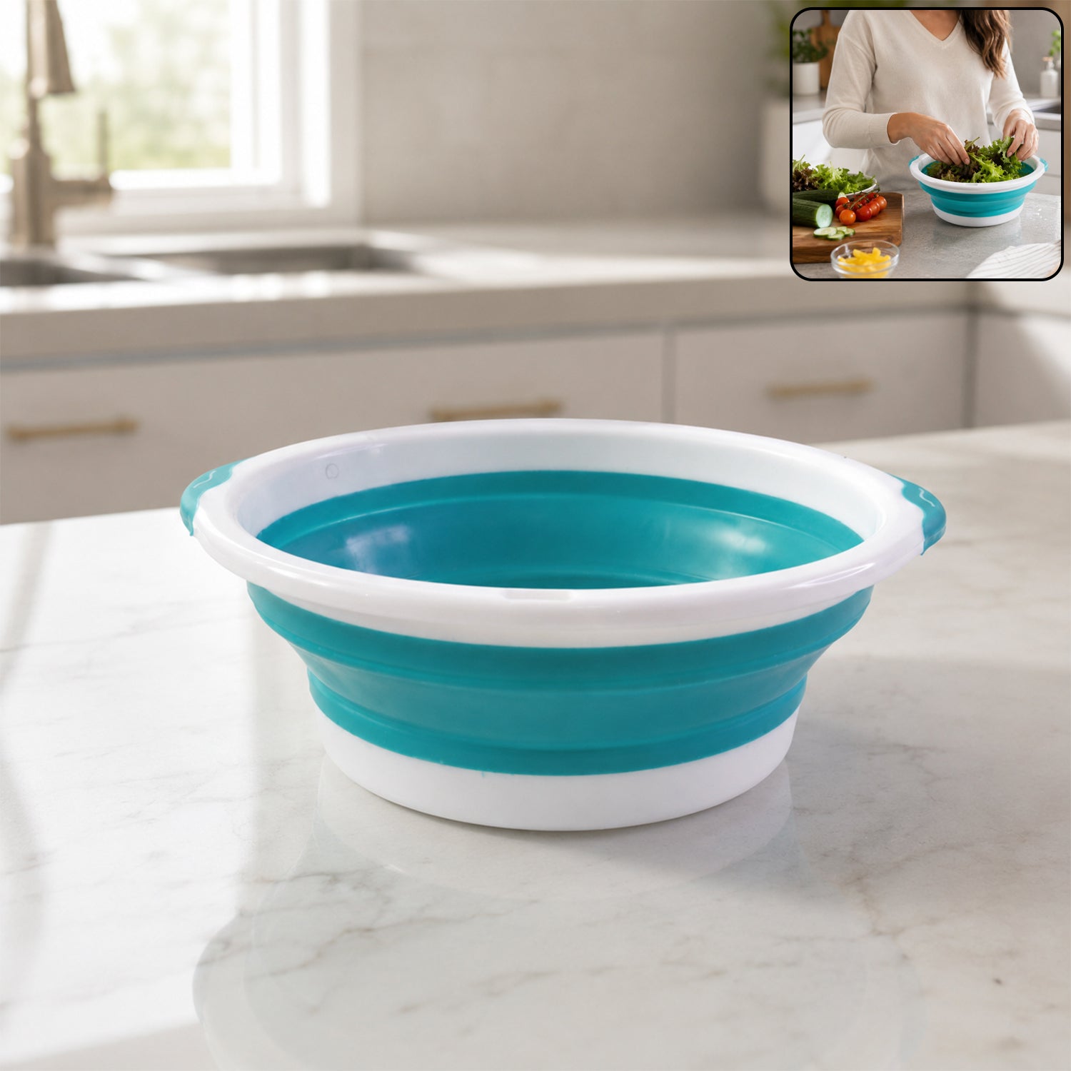 Foldable collapsible utility basket with handles in a home setting