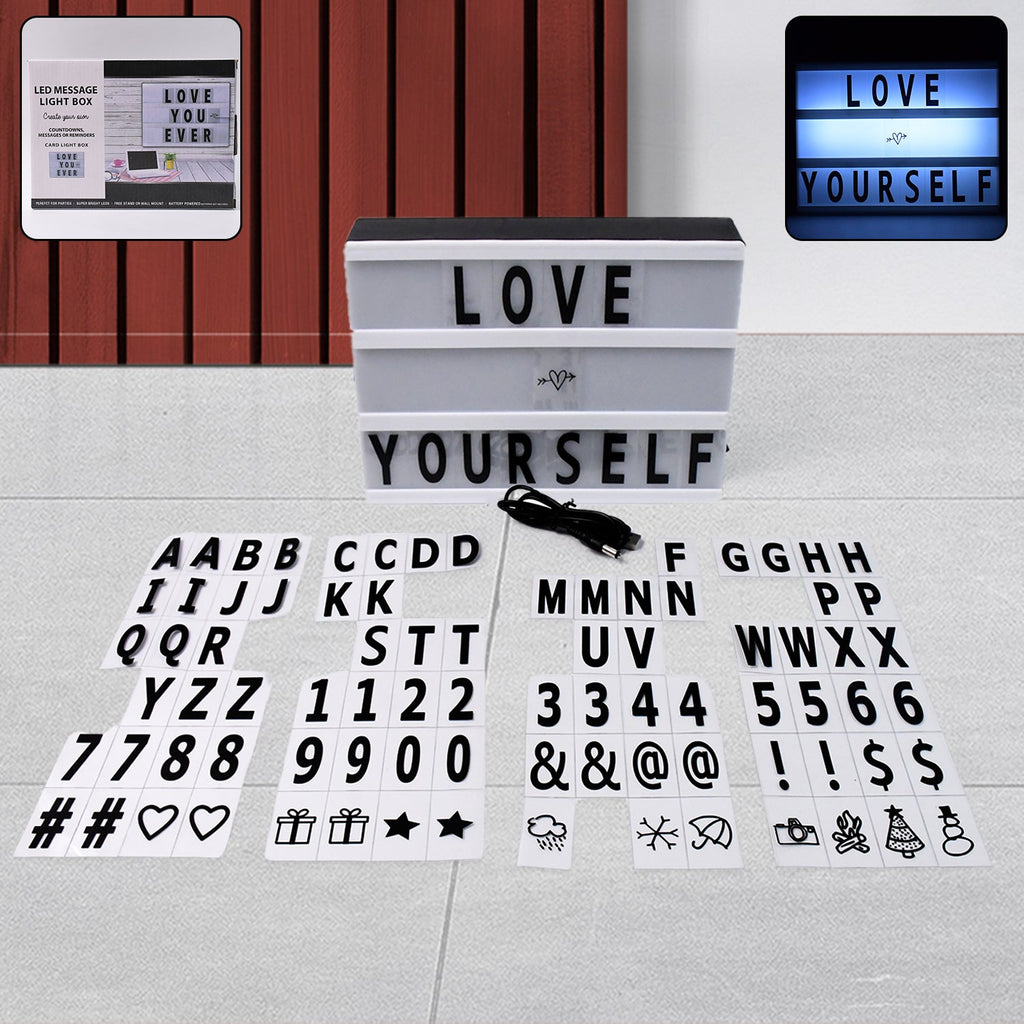 A compact A6 LED message board illuminating a personalized quote in a home setting.