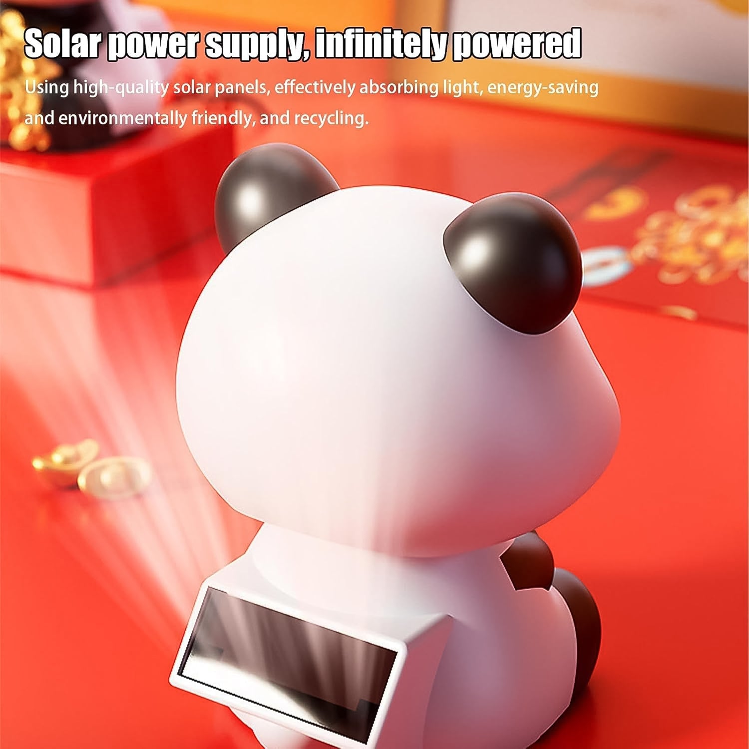 Cute solar-powered panda dashboard accessory from a side angle.