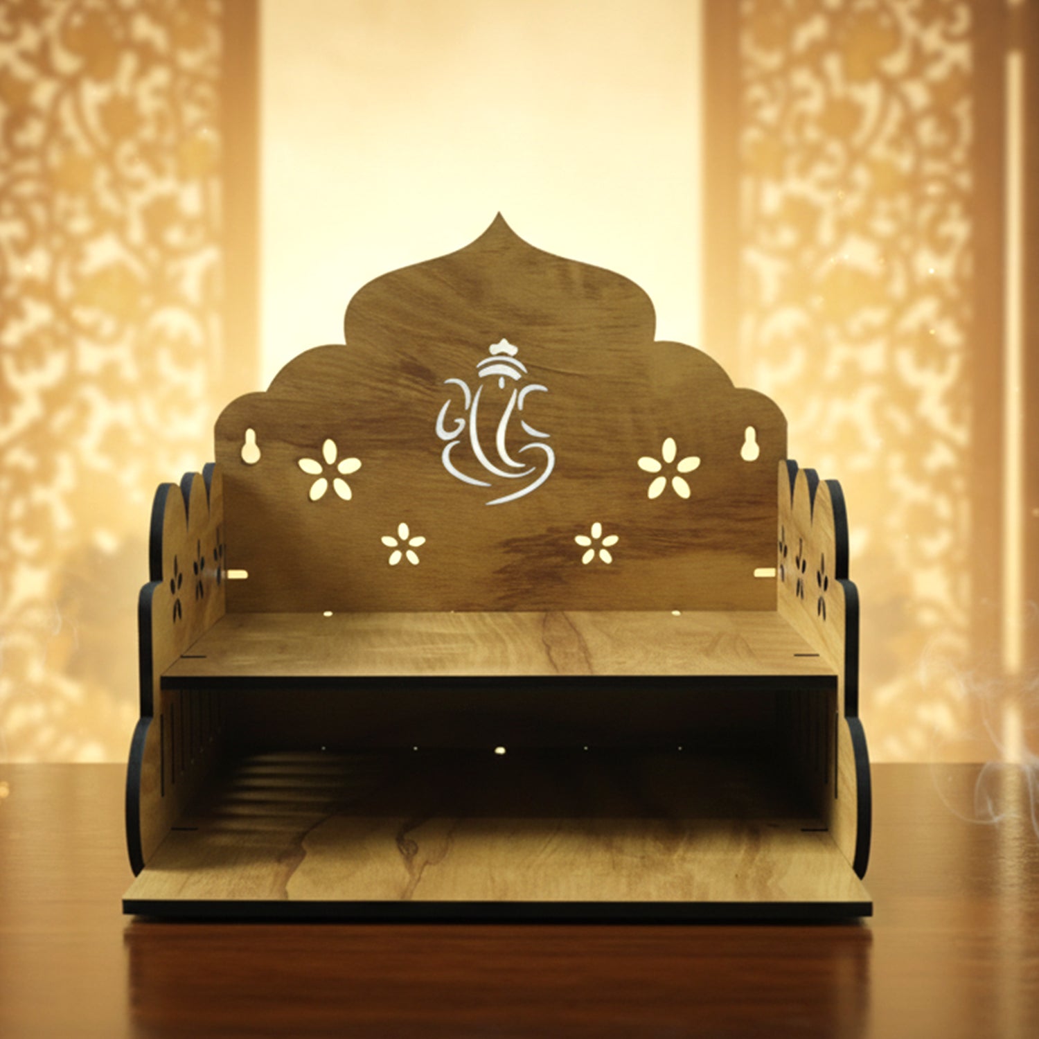 Compact wooden home mandir with Lord Ganesha back panel for pooja