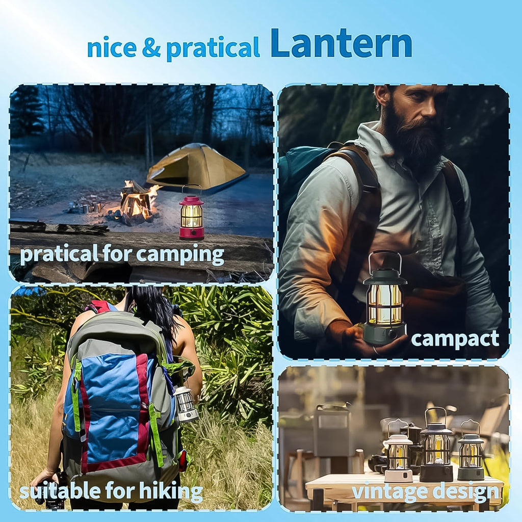Bright retro style rechargeable LED camping lantern providing 360-degree uniform illumination.