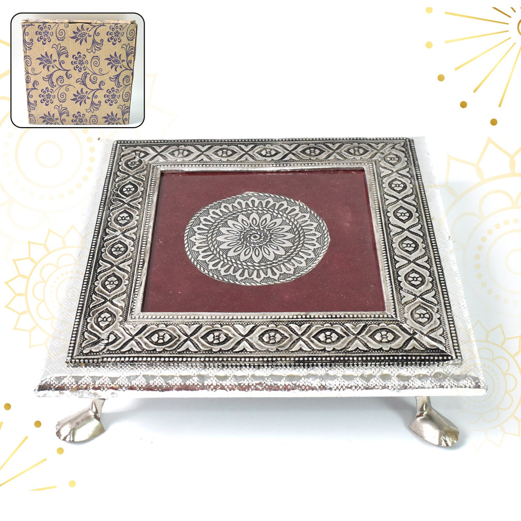 Silver Pooja Chowki with intricate Lakshmi design, perfect for Diwali celebrations.