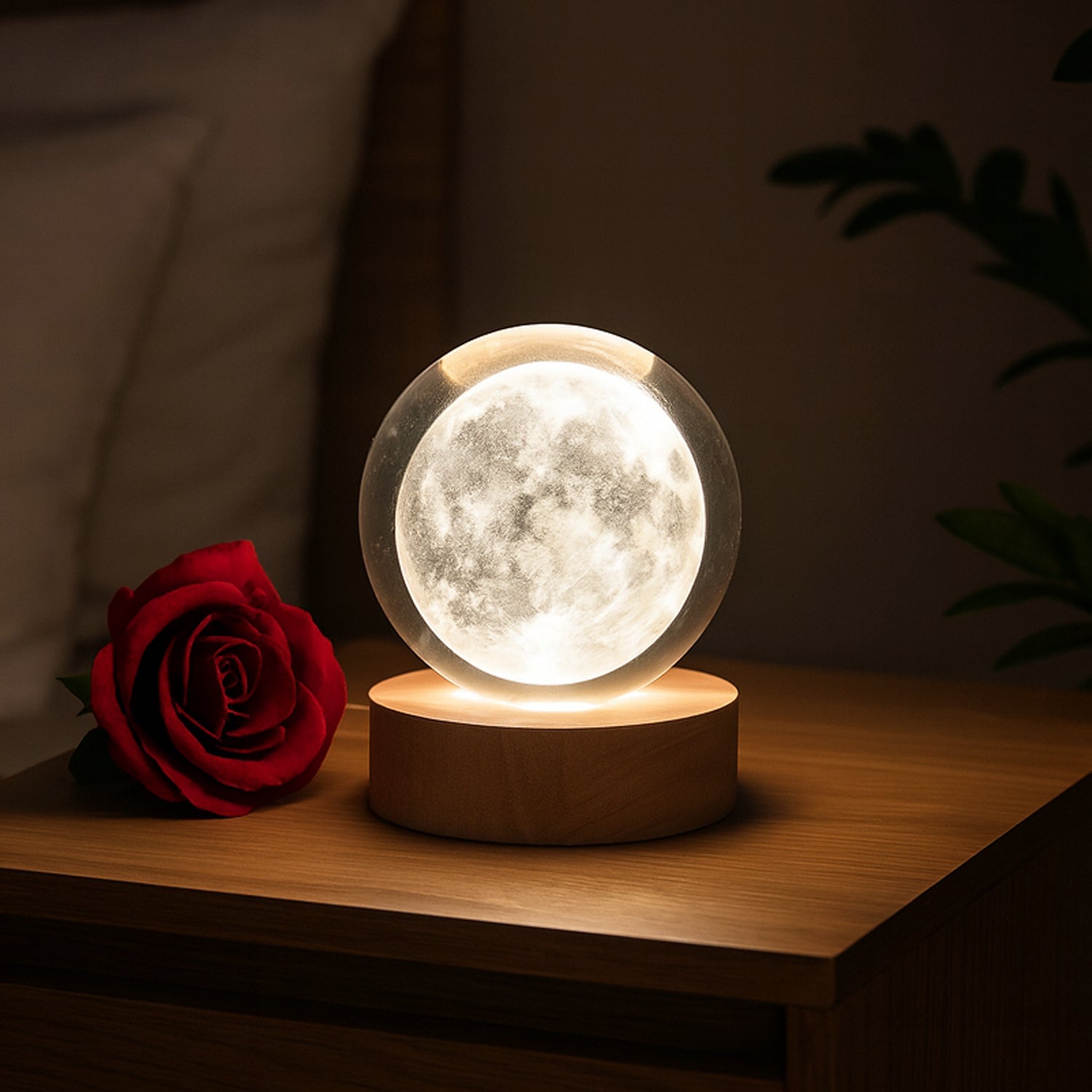 Enchanting 3D Crystal Ball Lamp illuminating a cozy bedroom at night.