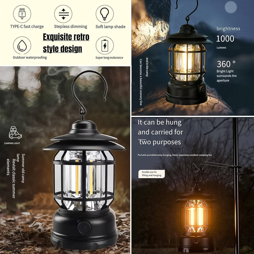 Lightweight retro LED camping lantern hanging from a tree branch in a natural setting.