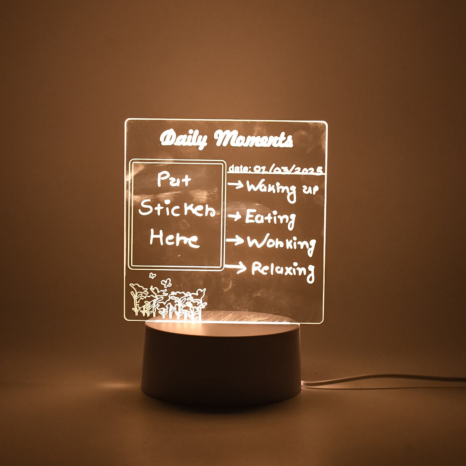 Side view of the acrylic decorative lamp, emphasizing its slim profile and sturdy base.