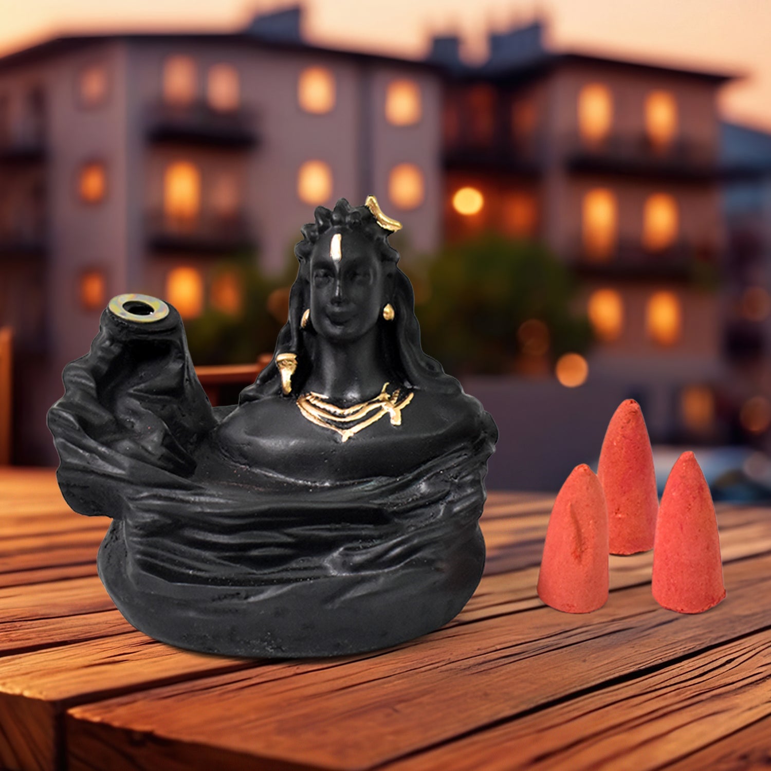 Adiyogi Shiva statue with flowing smoke, showcasing the meditative aura of the incense holder.