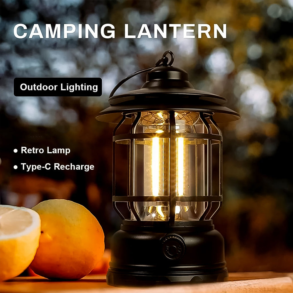 Detailed view of the compact retro rechargeable LED camping lantern design.