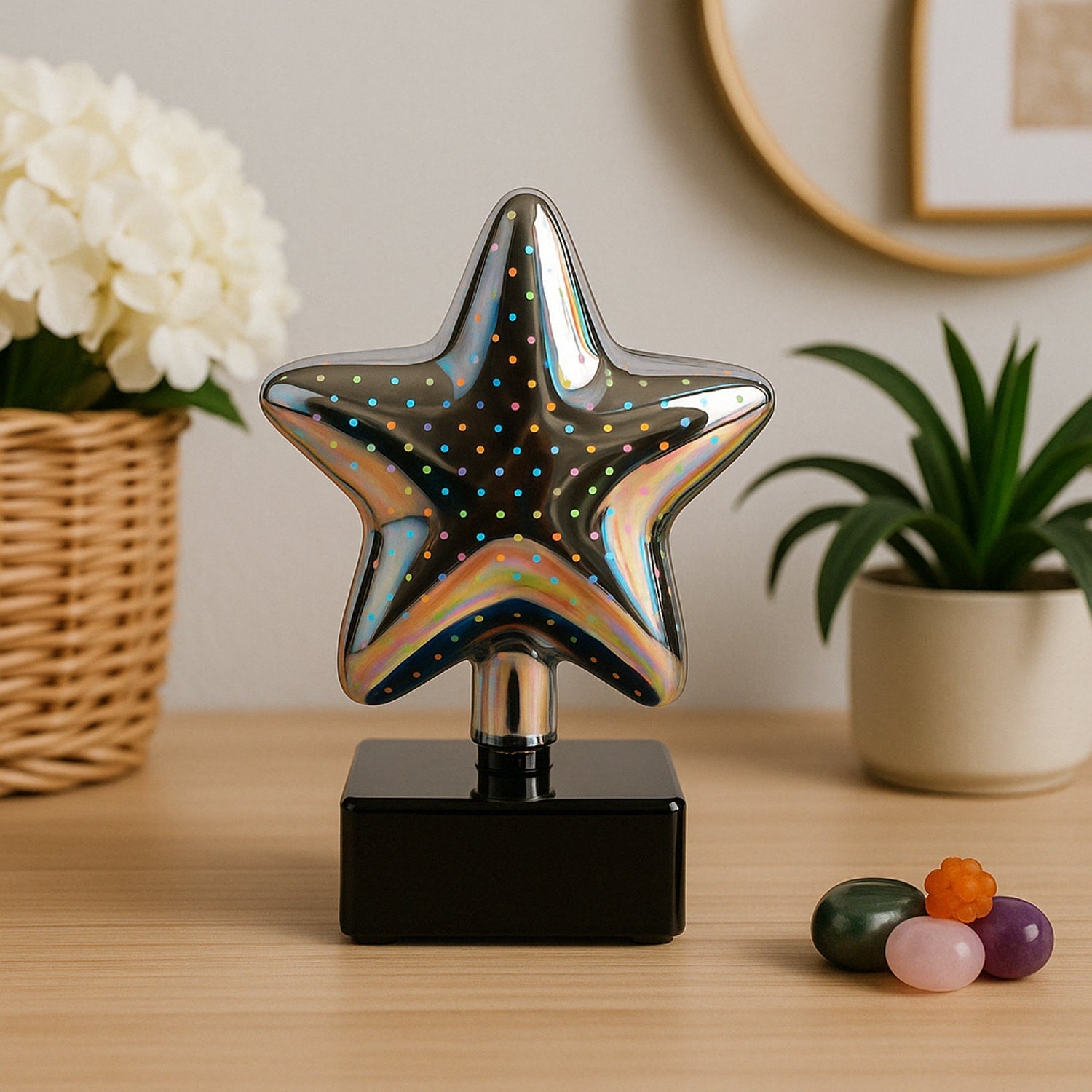 Star shaped 3D illusion LED night lamp showing multicolor light effect on a table