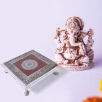 Side view of the sturdy silver square pooja chowki, ready for your deity.