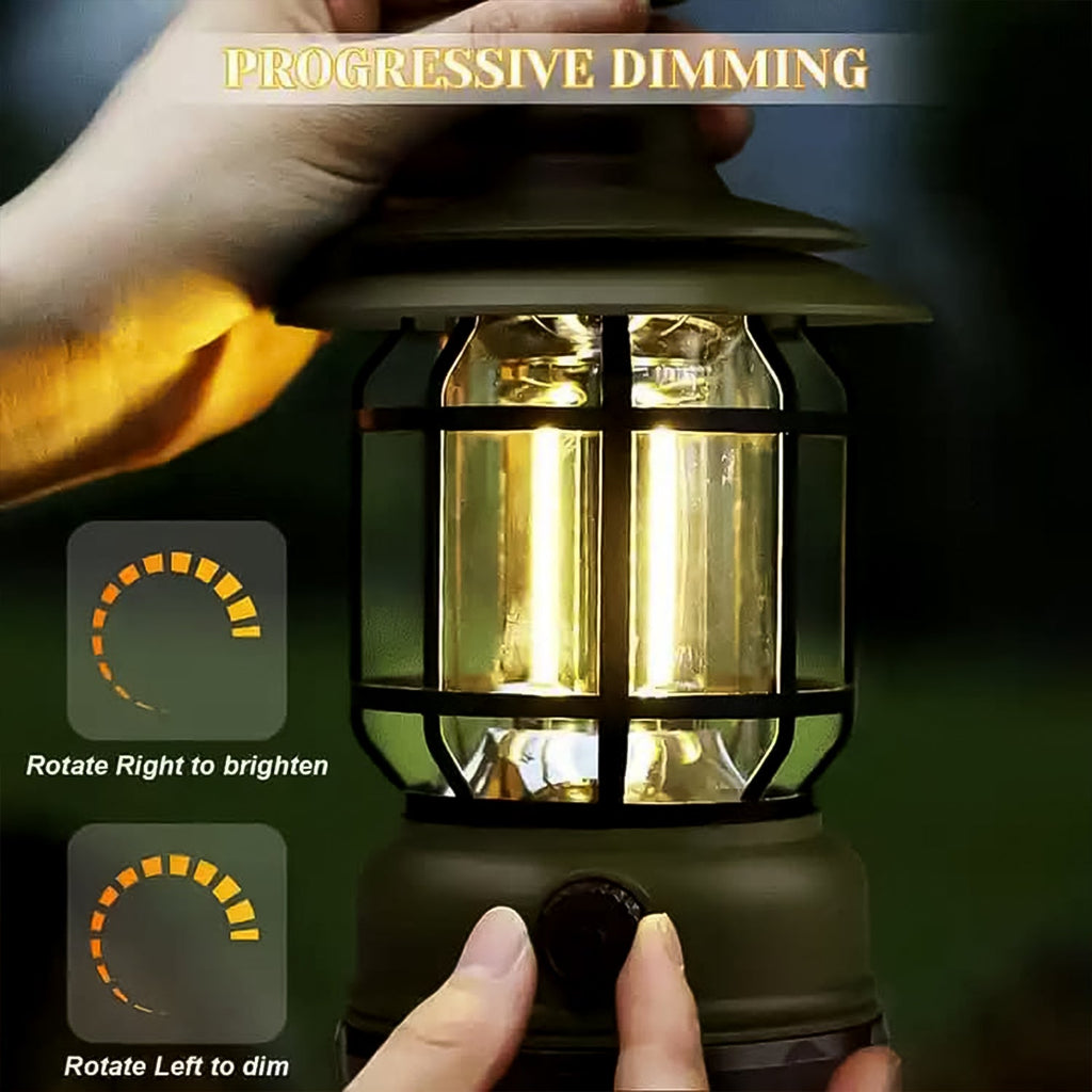 Close-up of the waterproof rechargeable LED camping lantern showing Type-C USB charging port.
