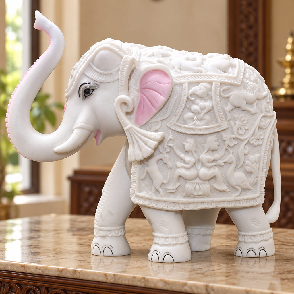 White Elephant Showpiece Big Size Marble Resin Aesthetic Statue Decorative Item for Home