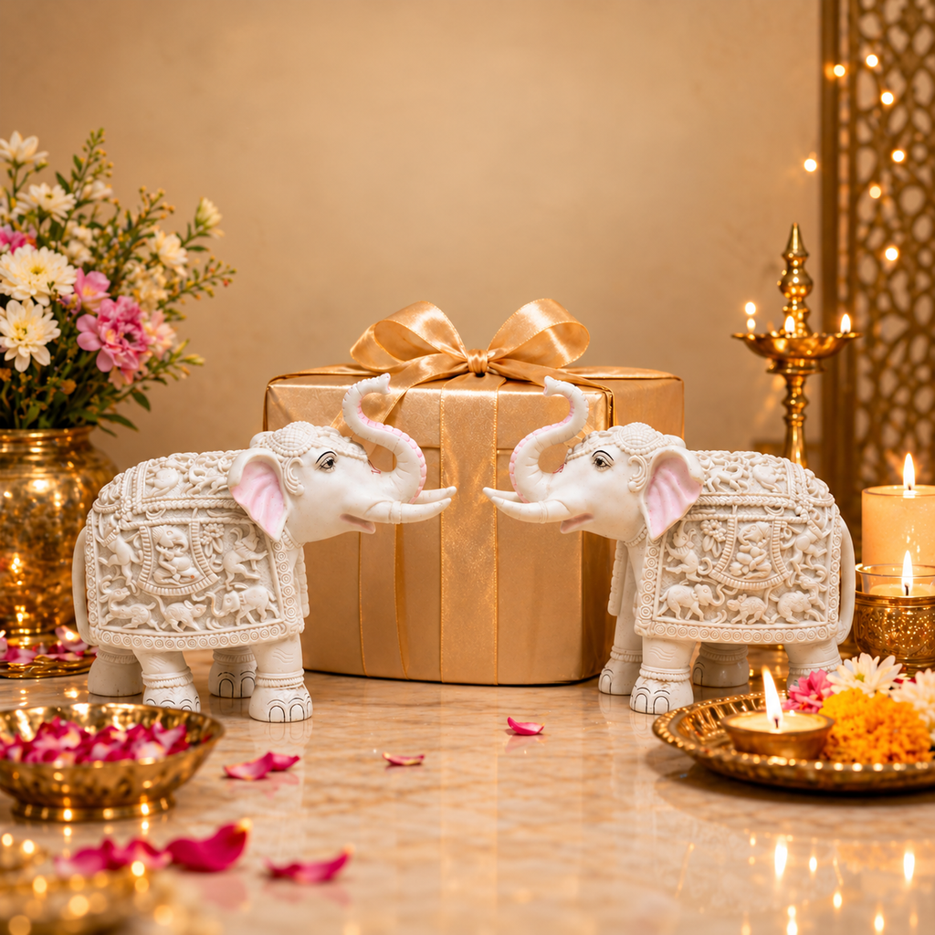 White Elephant Showpiece Big Size Marble Resin Aesthetic Statue Decorative Item for Home