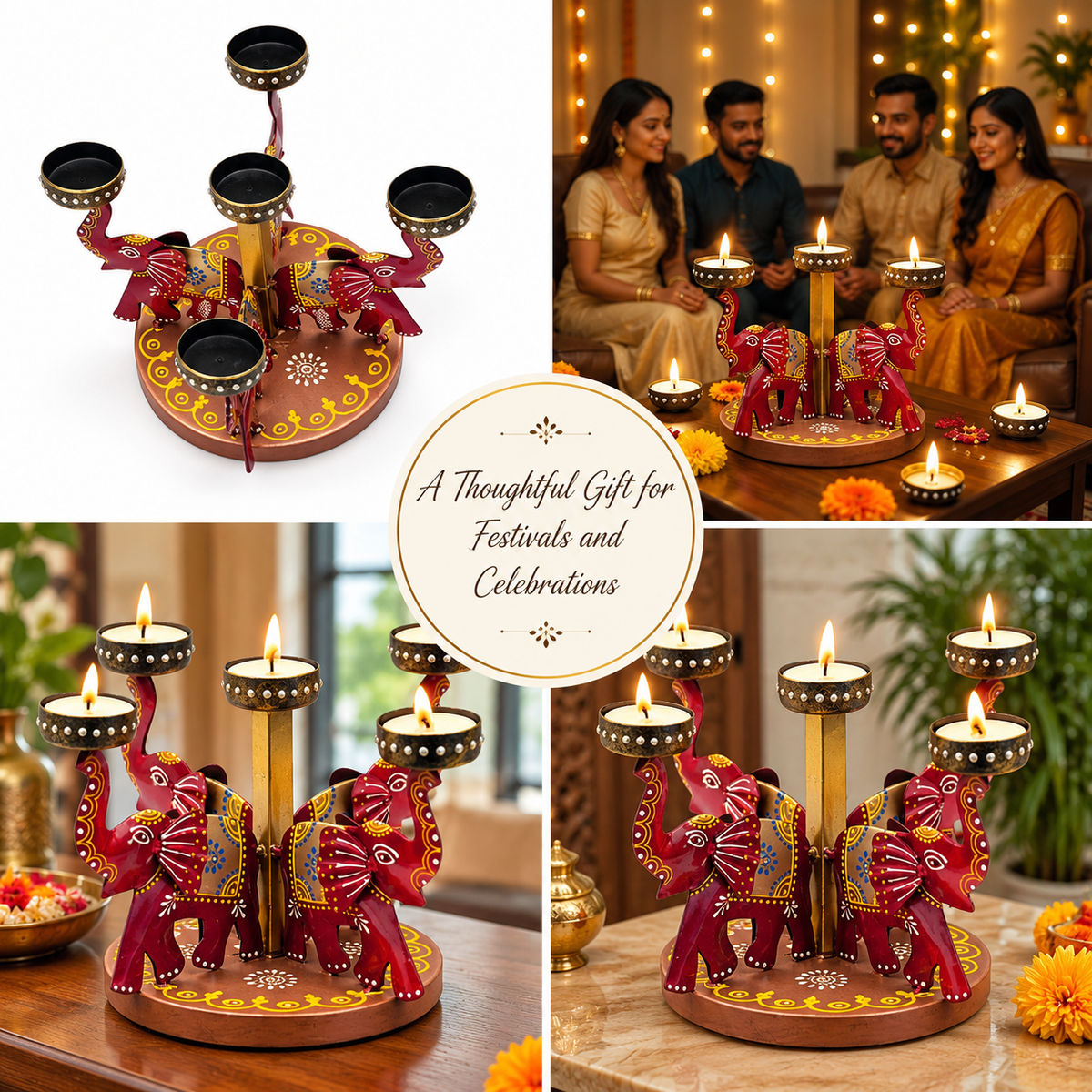 Elephant Tealight Candle Holder for Home Decor – Iron Diwali Decorative Showpiece & Festive Gift