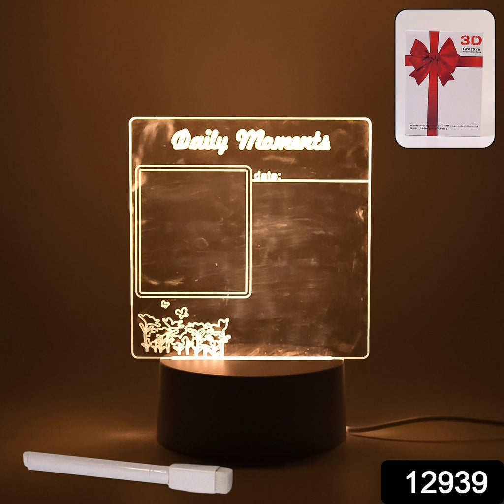 Close-up of the creative visualization lamp's acrylic board with a handwritten message.