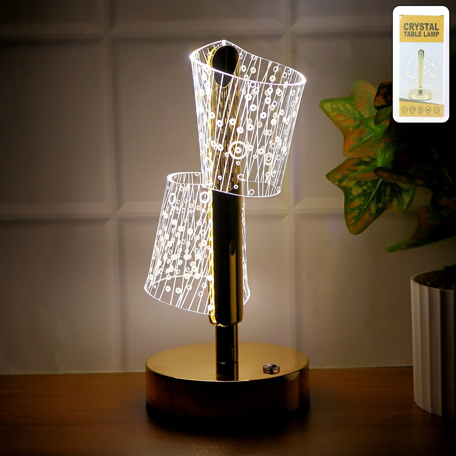 Crystal LED Double Shade Table Lamp with golden base illuminating softly
