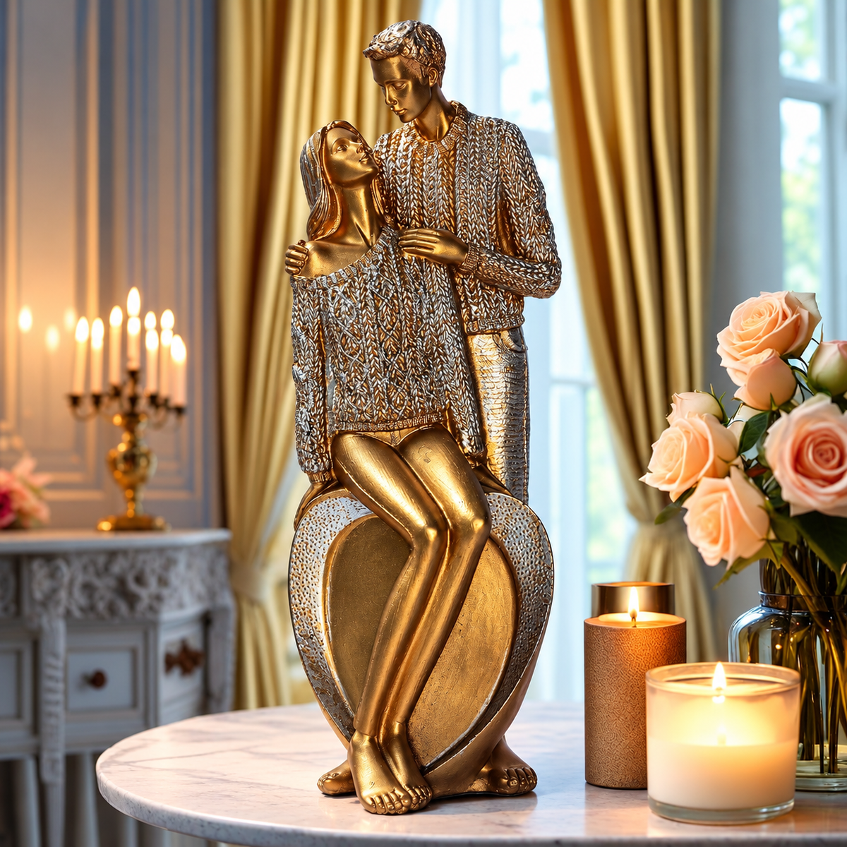 Elegant Gold Couple Showpiece – Romantic Polyresin Statue for Home Decor & Anniversary Gift