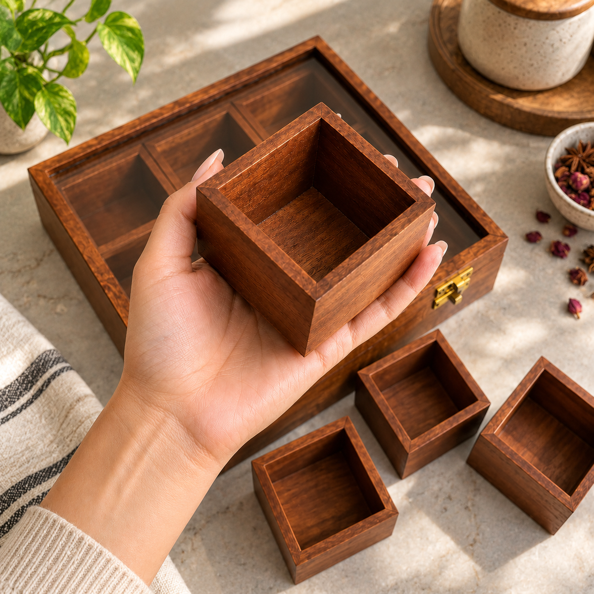Sheesham Wood 9-Compartment Storage Box with Glass Lid | Wooden Organizer for Dry Fruits, Spices & Jewelry