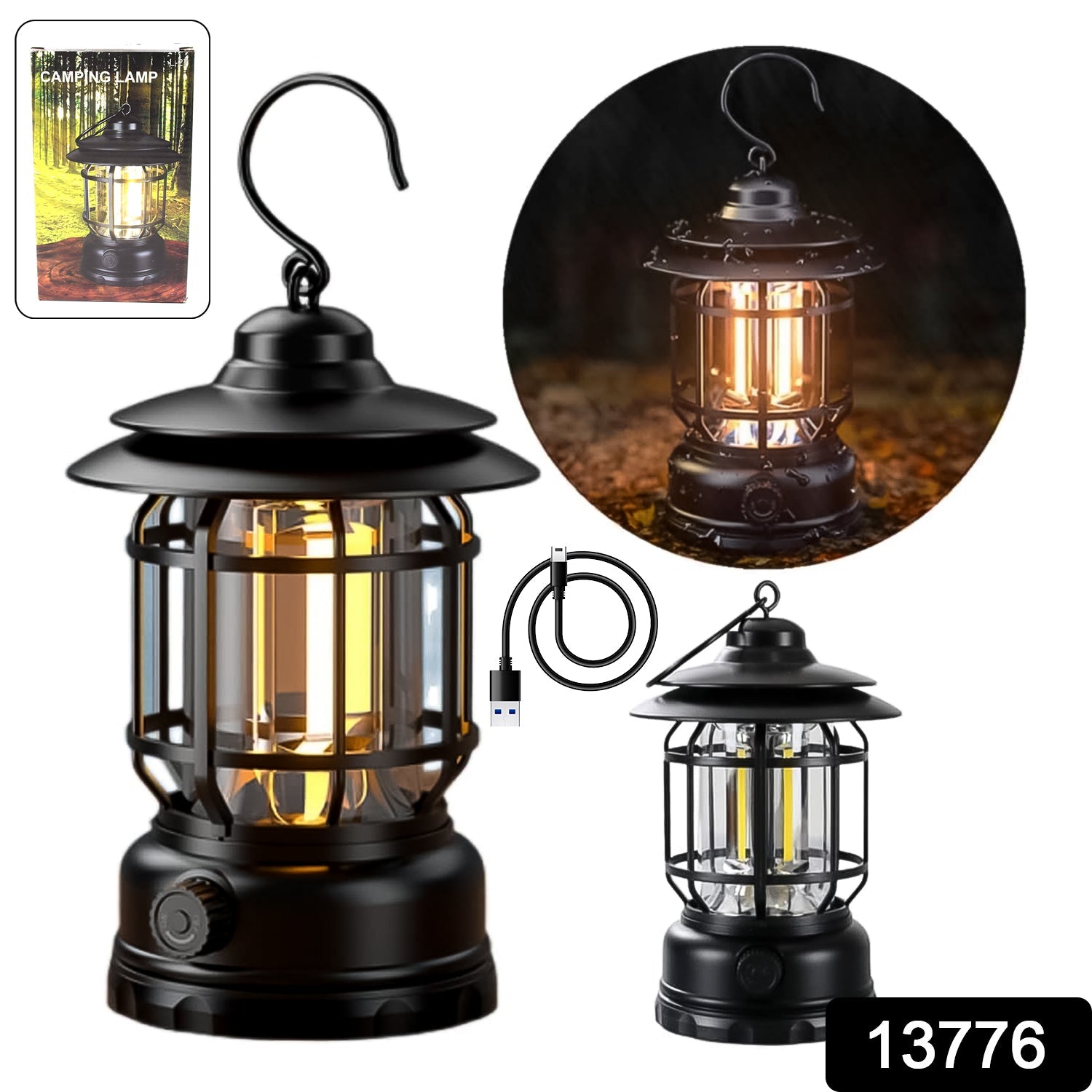 Portable rechargeable LED camping lantern illuminating a dark outdoor scene.