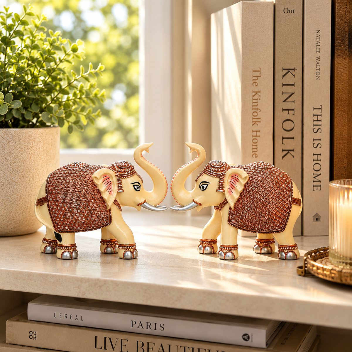 Peach Cream Mini Elephant Showpiece Pair, Car Dashboard, 3 Inch