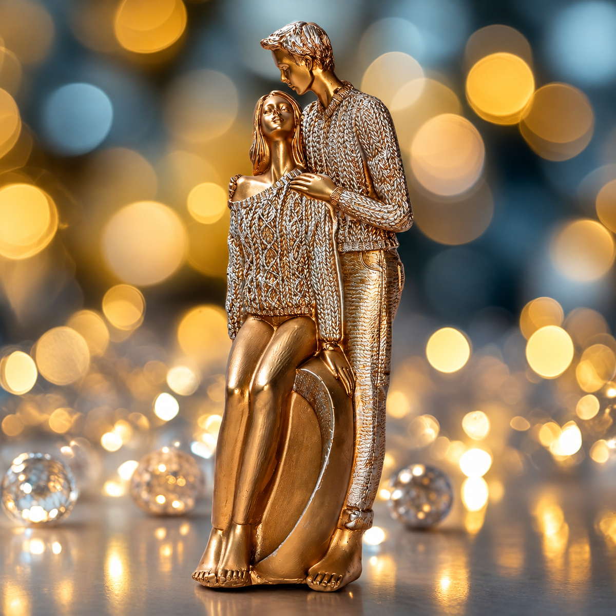 Elegant Gold Couple Showpiece – Romantic Polyresin Statue for Home Decor & Anniversary Gift