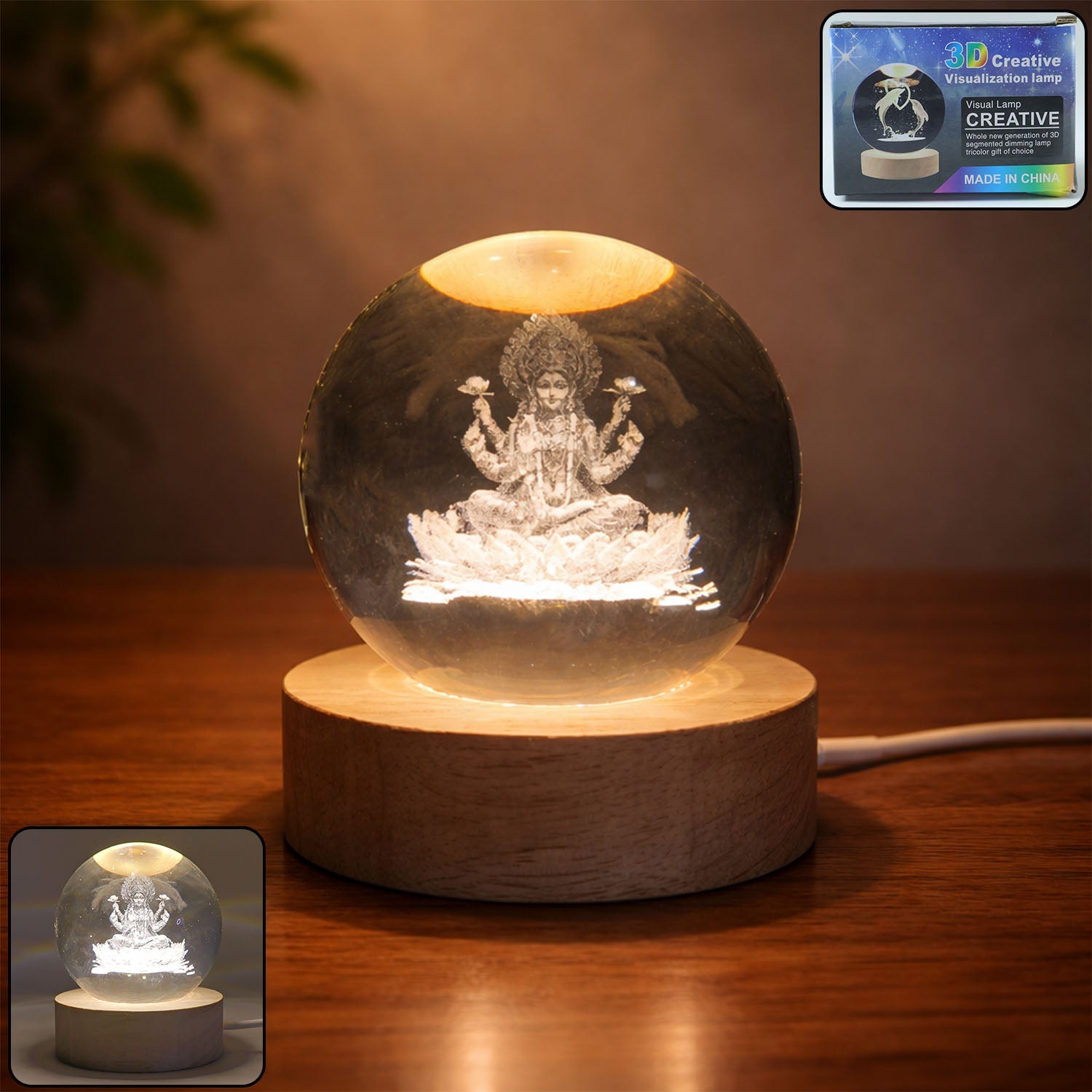 3D crystal Lakshmi ball LED night lamp with wooden base on table