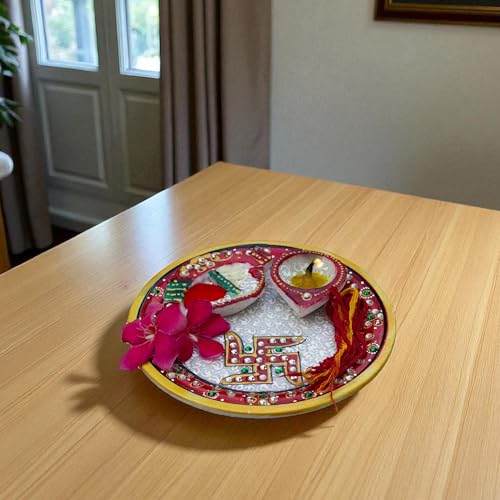 Marble Pooja Thali with Meenakari Work – 6 Inch Decorative Thali, Diya, Roli-Chandan Holder