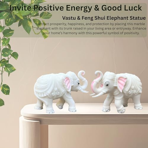 White Marble Elephant Statue Pair (5x6 Inches), Trunk Up Decorative Elephant Figurine for Home Entrance