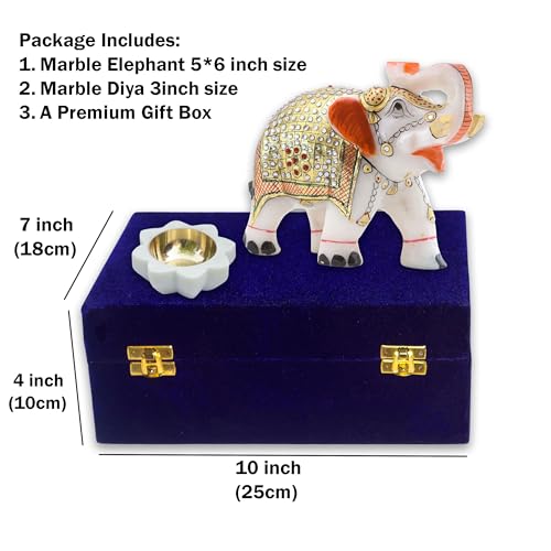 Diwali Gift Set with Handcrafted 5-Inch Marble Elephant & 3-Inch Marble Diya – Ideal for Home Decor, Vastu, Feng Shui