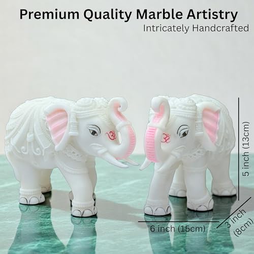 White Marble Elephant Statue Pair (5x6 Inches), Trunk Up Decorative Elephant Figurine for Home Entrance