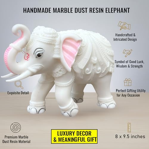 Elegant White Jumbo Elephant Statue Trunk Up | Handcrafted Marble Dust Decorative Piece for Prosperity Good Fortune |