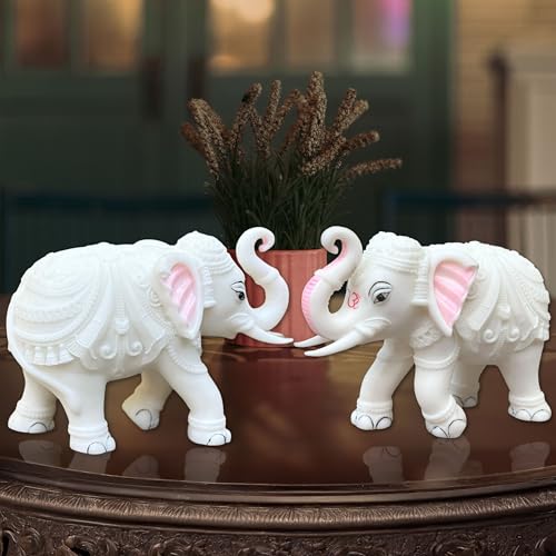 White Marble Elephant Statue Pair (5x6 Inches), Trunk Up Decorative Elephant Figurine for Home Entrance, Living Room & Office, Vastu Feng Shui Diwali, Prosperity Gift (5x6 inch)
