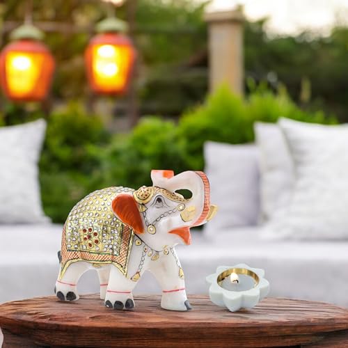 Diwali Gift Set with Handcrafted 5-Inch Marble Elephant & 3-Inch Marble Diya – Ideal for Home Decor, Vastu, Feng Shui