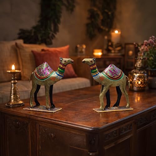 Decorative Camel Statue Set of 2 | Vastu Approved Hand Painted Meenakari Iron Showpiece | Rajasthani Folk Art for