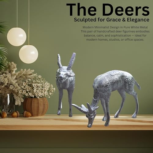 Set of 2 White Metal Deer Figurines – Handcrafted Decorative Animal Showpieces, Elegant Home & Office Decor