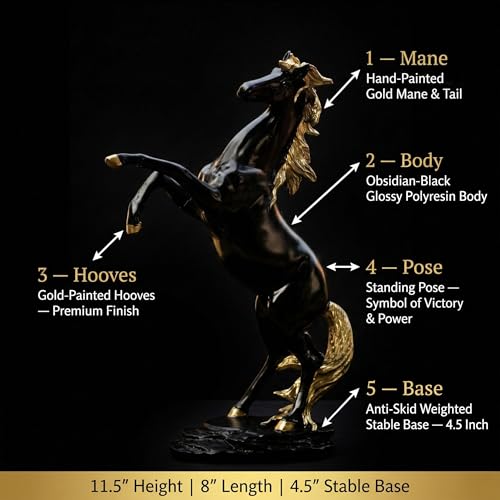 Premium Black & Gold Standing Horse Statue Showpiece | 11.5 Inch Resin Figurine for Vastu Feng Shui | Home Office