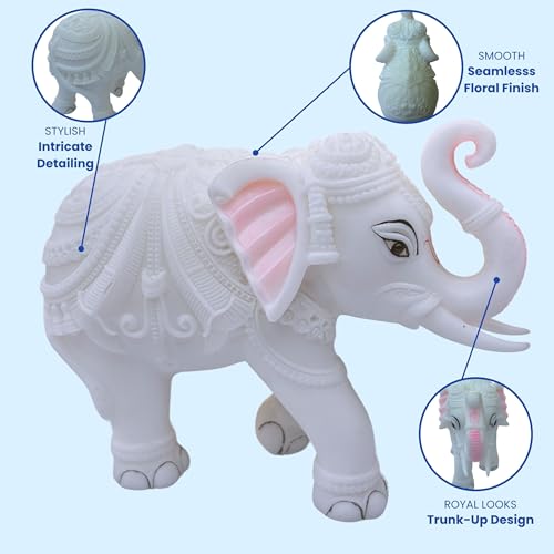 Elegant White Jumbo Elephant Statue Trunk Up | Handcrafted Marble Dust Decorative Piece for Prosperity Good Fortune |