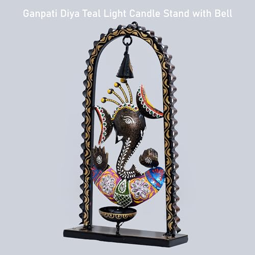 Ganesh Tea Light Candle Diya with Ringing Bell Decorative Metal Statue Showpiece for Living Room Home Decor, Tabletop