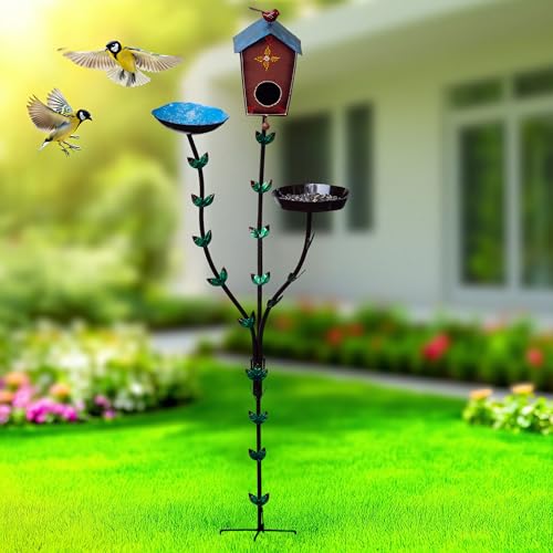 5ft Tall Large Iron Bird Feeder Stand with Bird Nest & Water Bowl, Decorative Outdoor Garden Lawn Bird House Feeding Station for Sparrows