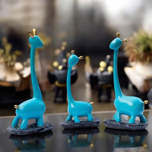 Blue Giraffe Poly Resin Decorative Statues (Set of 3 Pcs) – Modern Home Décor Showpiece with Gold Accents