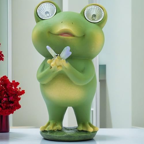 Playful Solar-Powered Resin Adorable Frog Statue – Perfect Garden and Indoor Decor with Auto Light-Up Eyes (Flower)