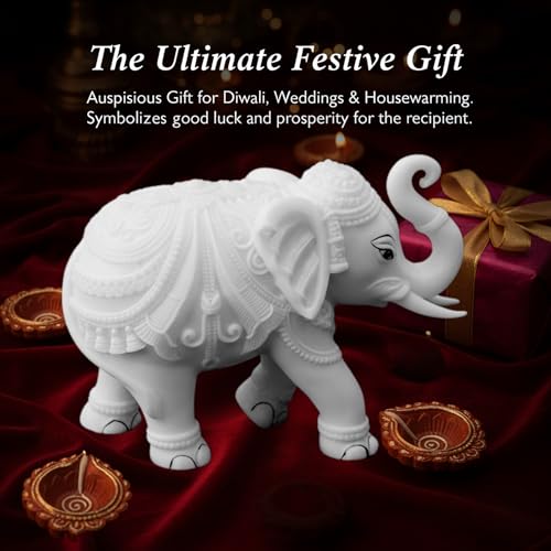Elegant White Jumbo Elephant Statue Trunk Up | Handcrafted Marble Dust Decorative Piece for Prosperity Good Fortune |